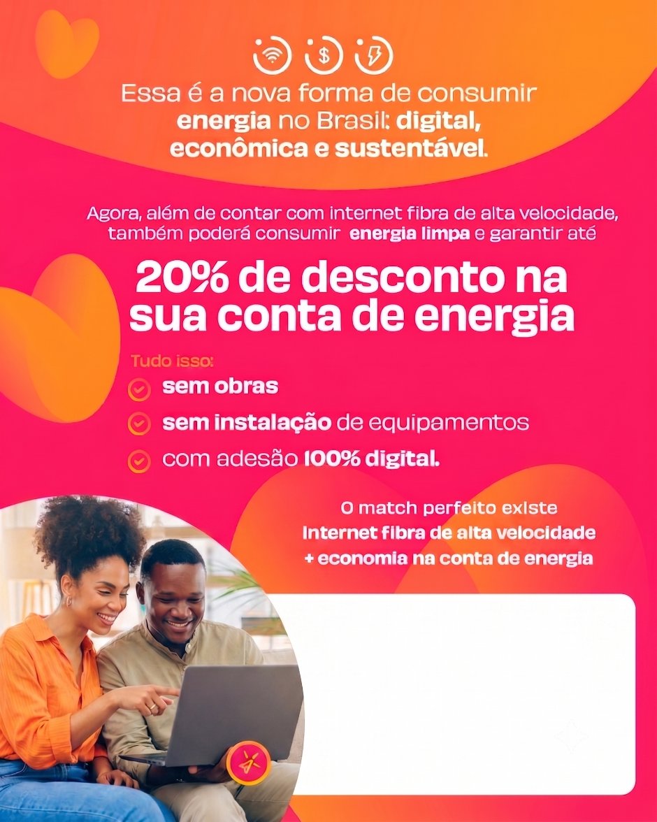 Energia limpa e digital: até 20% de desconto na conta de energia, sem obras, sem instalação de equipamentos e com adesão 100% digital